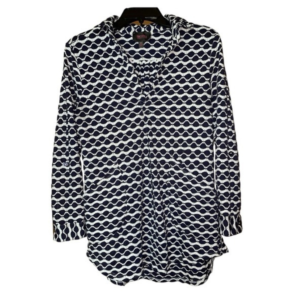 Forcynthia Beachwear Navy White Swim Coverup Roll Tab Sleeves Pockets Medium